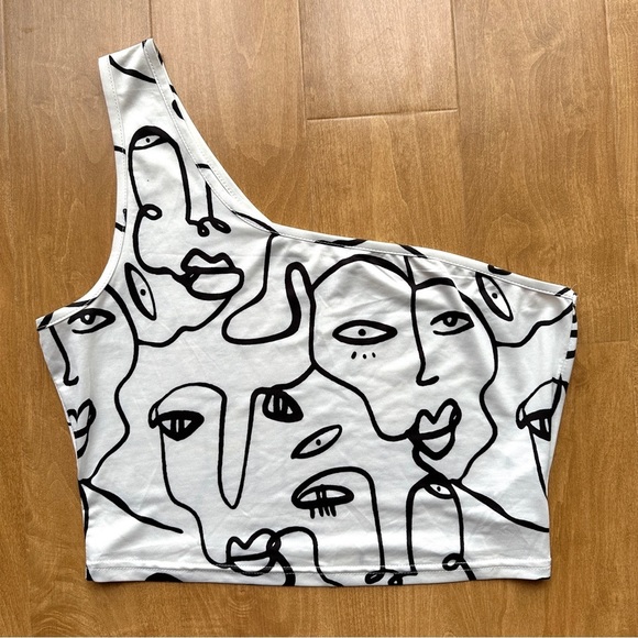 Shein Black and White Silhouette Sketch Lines One Shoulder Top, Size Large - Picture 1 of 16